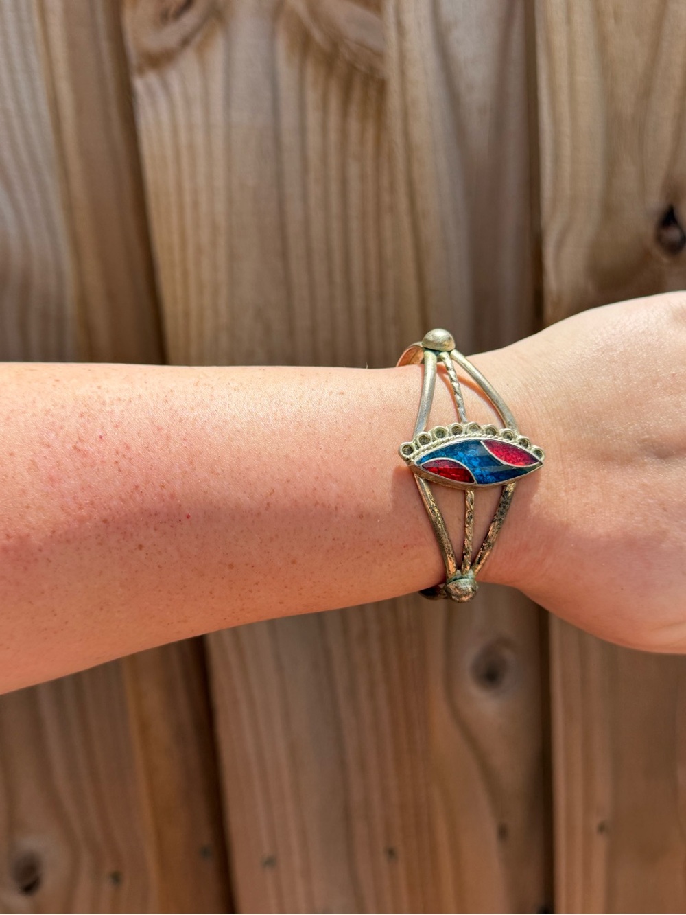 Vintage-Inspired Red and Blue Enamel Cuff Bracelet - Women's Jewelry